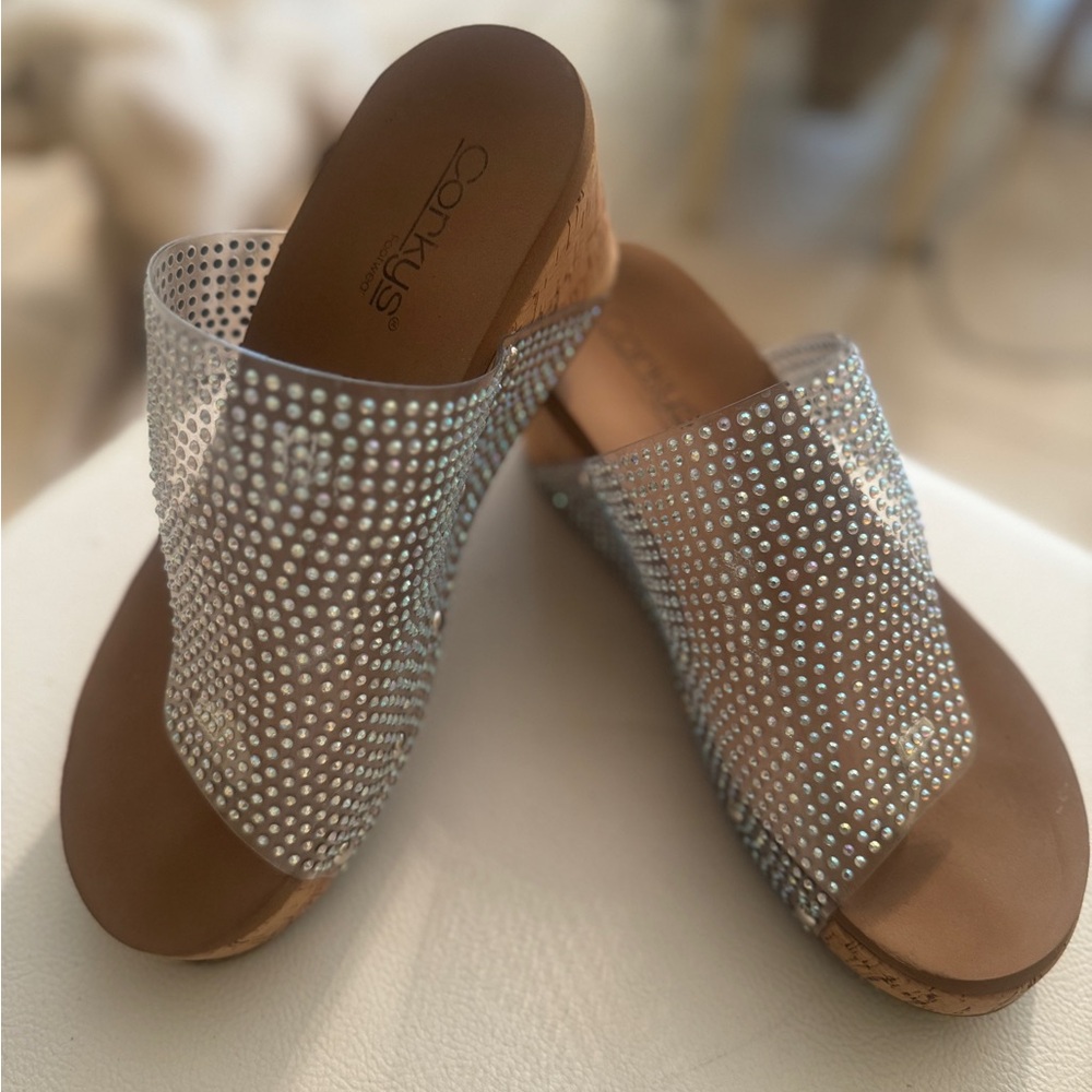 Corkys wedge shoes, clear with rhinestones. One stone missing. Worn once.